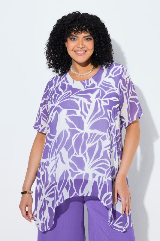 Layered Chiffon Leaf Print Pointed Hem Blouse