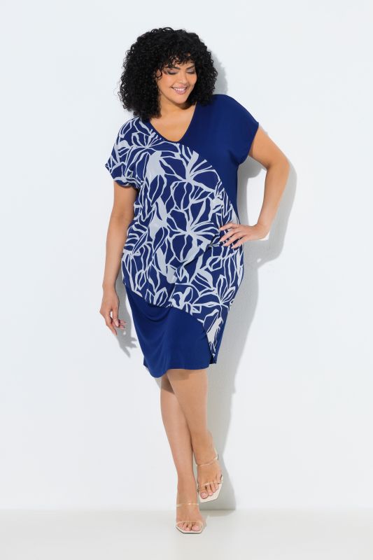 Leaf Print Chiffon Panel Cap Sleeve Dress