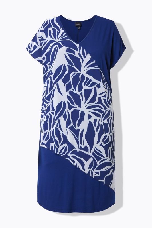 Leaf Print Chiffon Panel Cap Sleeve Dress