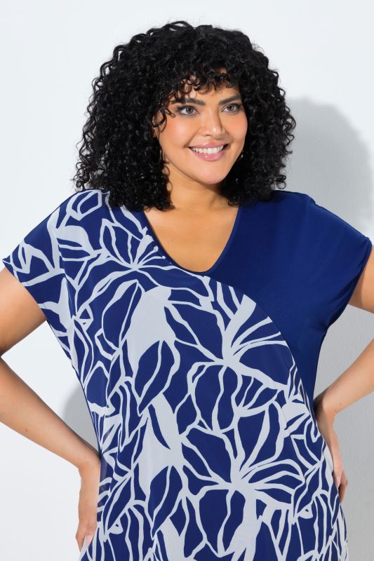 Leaf Print Chiffon Panel Cap Sleeve Dress