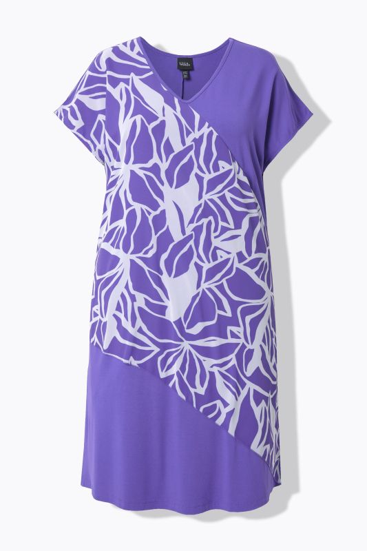 Leaf Print Chiffon Panel Cap Sleeve Dress