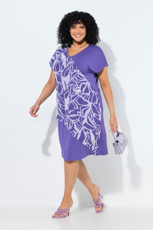 Leaf Print Chiffon Panel Cap Sleeve Dress