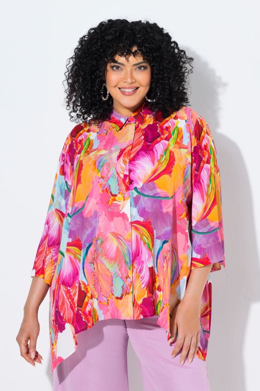 Watercolor Petal Print Pointed Hem Blouse