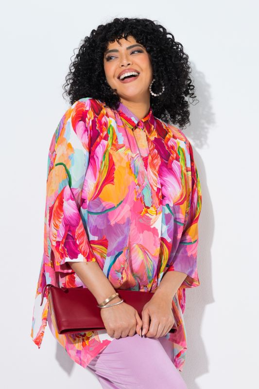 Watercolor Petal Print Pointed Hem Blouse