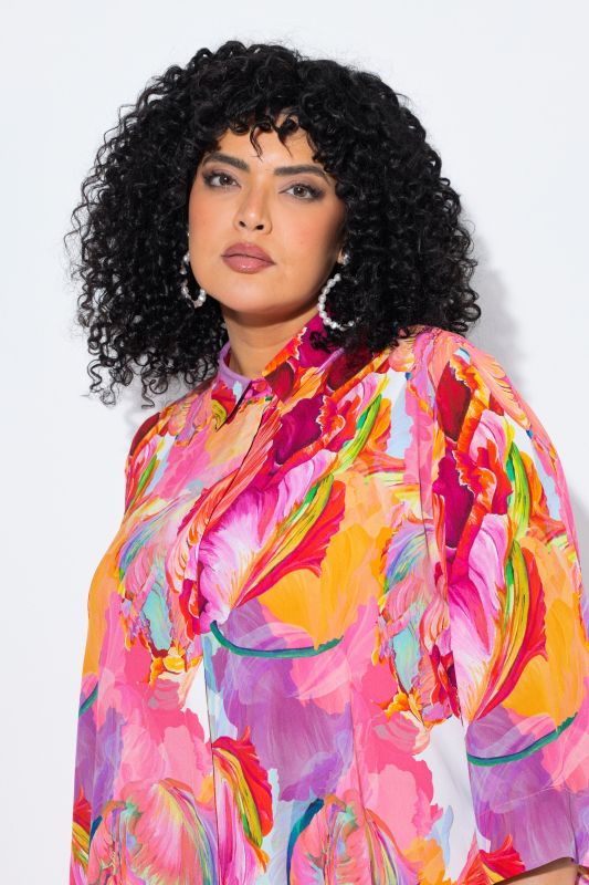 Watercolor Petal Print Pointed Hem Blouse