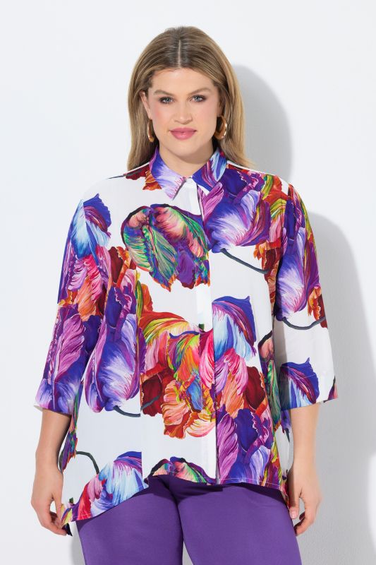 Watercolor Petal Print Pointed Hem Blouse