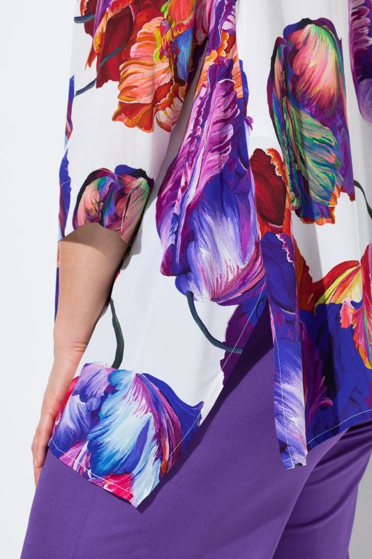 Watercolor Petal Print Pointed Hem Blouse