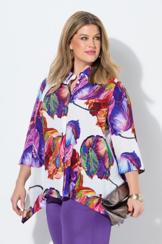 Watercolor Petal Print Pointed Hem Blouse