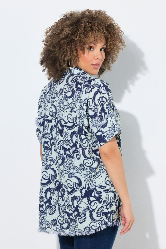 Floral Paisley Fringed Hem Muslin Blouse