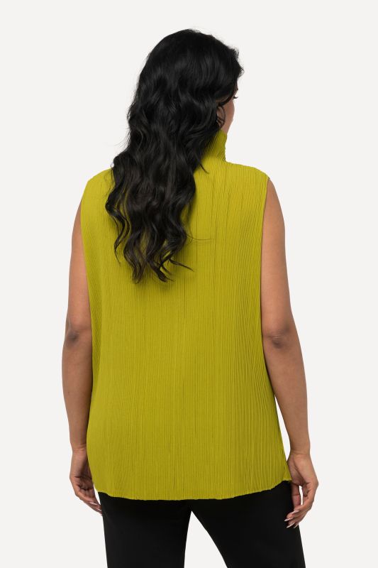 Pleated Sleeveless Stand-Up Collar Blouse
