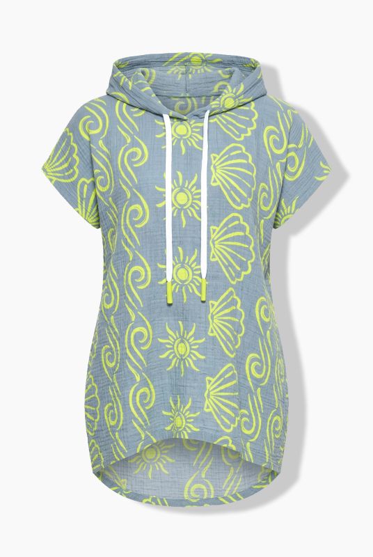 Seashell Print Hooded Muslin Tunic Blouse