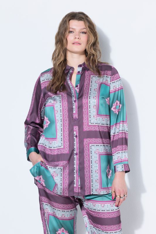 Satin Tile Print Button-Down Blouse