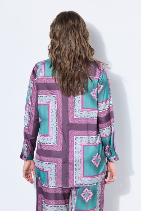 Satin Tile Print Button-Down Blouse