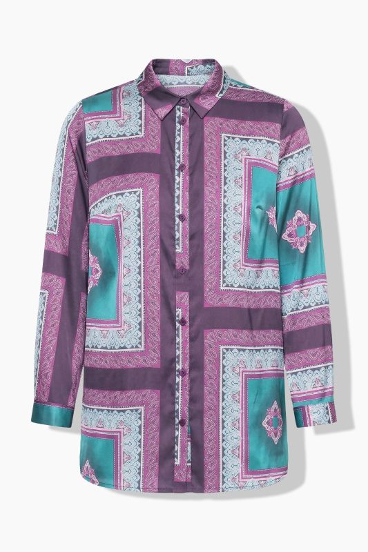 Satin Tile Print Button-Down Blouse