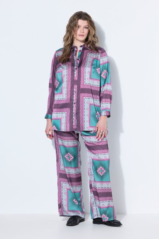 Satin Tile Print Button-Down Blouse