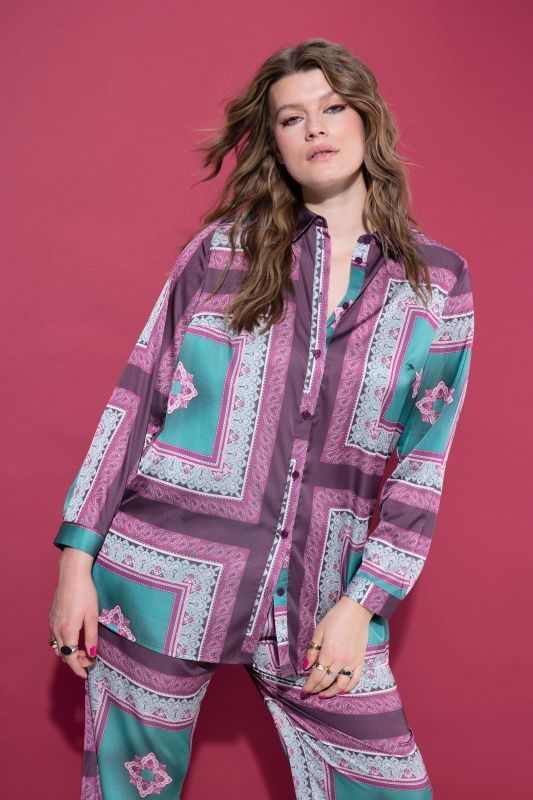 Satin Tile Print Button-Down Blouse