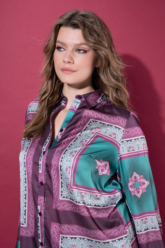 Satin Tile Print Button-Down Blouse