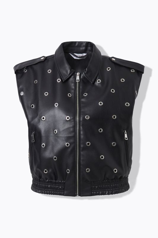 fake leather vest, cropped boxy shape, decorative eyelets