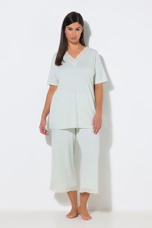 Eyelet Trim V-Neck Super Soft Cotton Blend Pajama Set