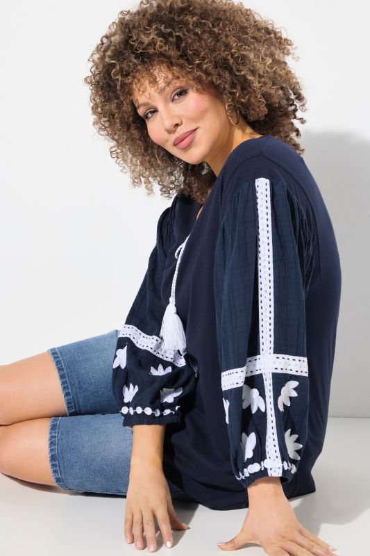 Textured Embroidered Long Sleeve Blouse