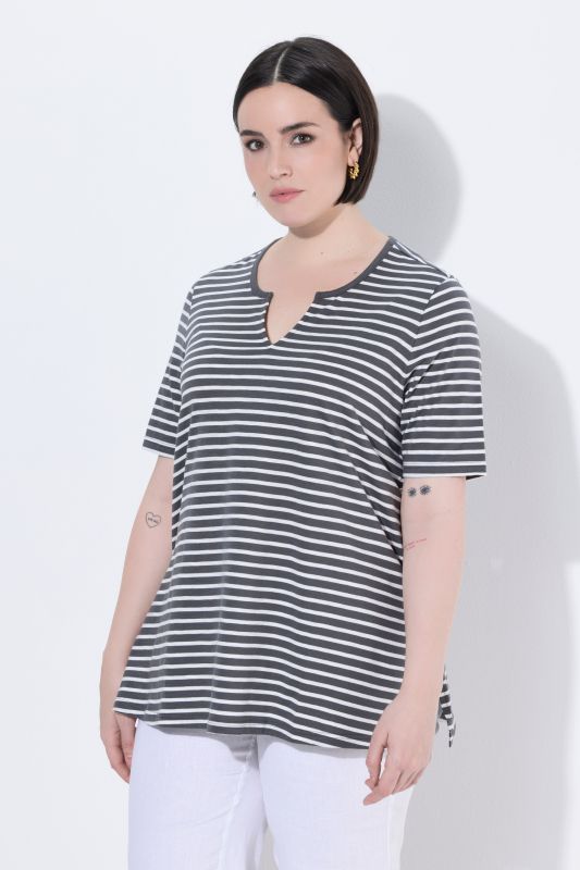 Striped Split Neck Short Sleeve Tee