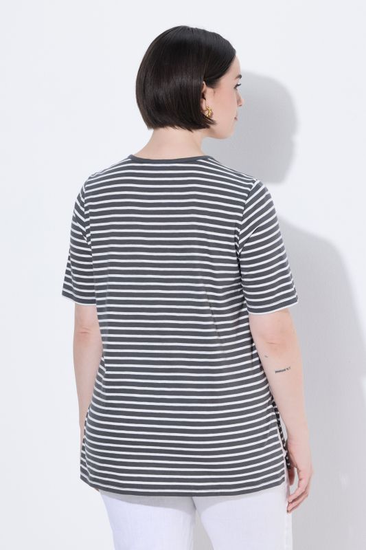 Striped Split Neck Short Sleeve Tee