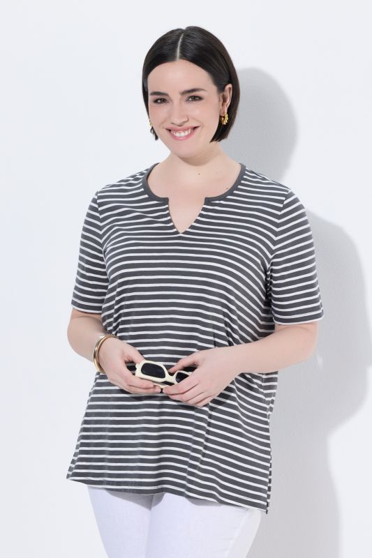 Striped Split Neck Short Sleeve Tee