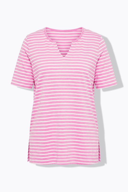 Striped Split Neck Short Sleeve Tee