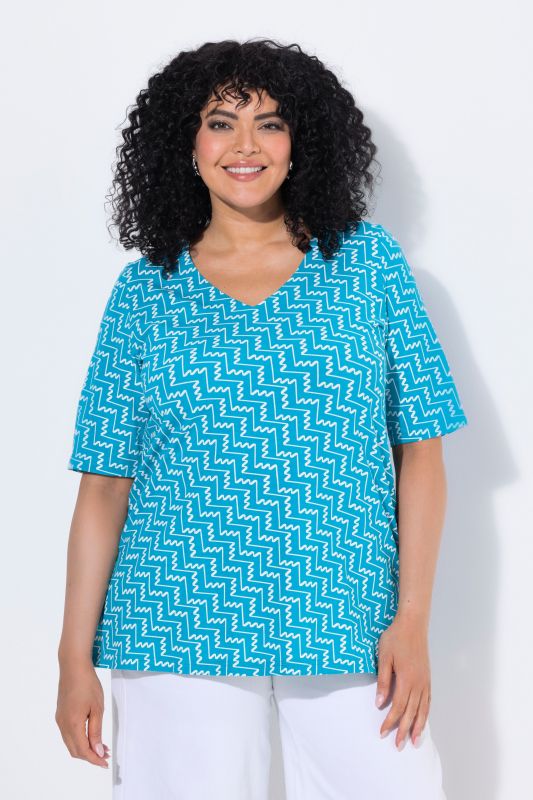 Zigzag Print Short Sleeve V-Neck Tee