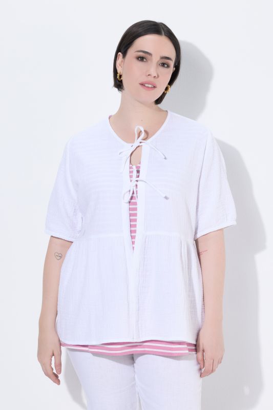 Muslin Short Sleeve Ribbon Tie Blouse