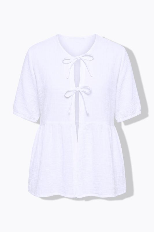 Muslin Short Sleeve Ribbon Tie Blouse