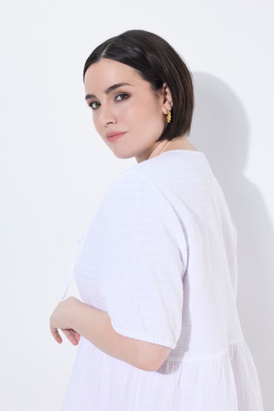 Muslin Short Sleeve Ribbon Tie Blouse