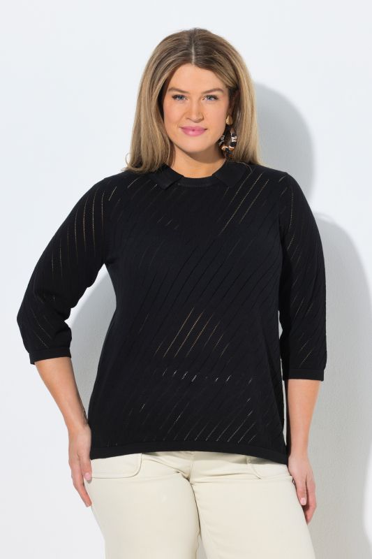 Eco Cotton Openwork Striped 3/4 Sleeve Polo Sweater