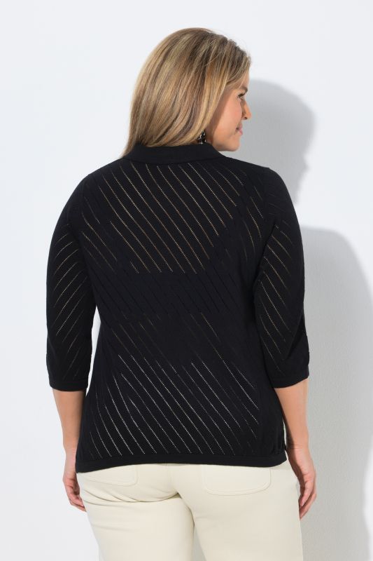 Eco Cotton Openwork Striped 3/4 Sleeve Polo Sweater