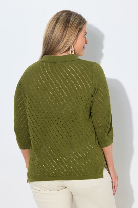 Eco Cotton Openwork Striped 3/4 Sleeve Polo Sweater