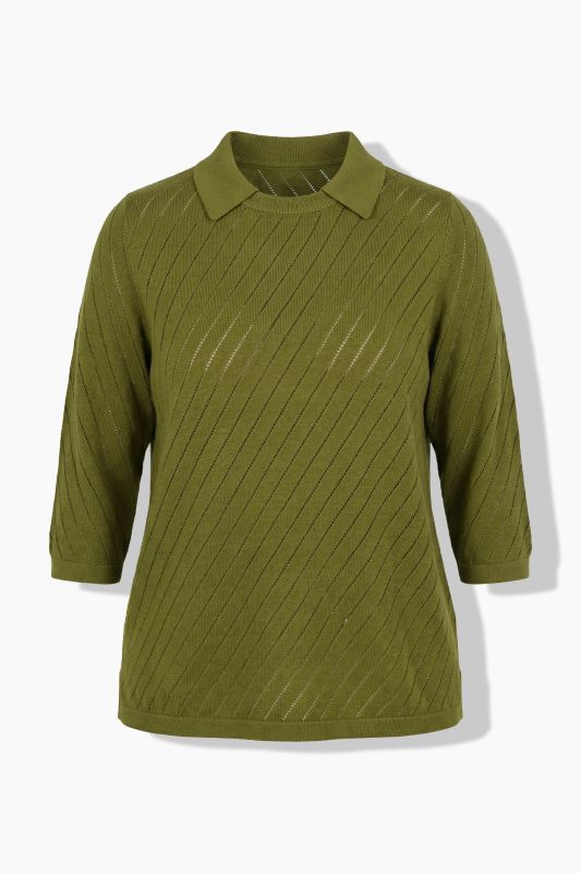 Eco Cotton Openwork Striped 3/4 Sleeve Polo Sweater