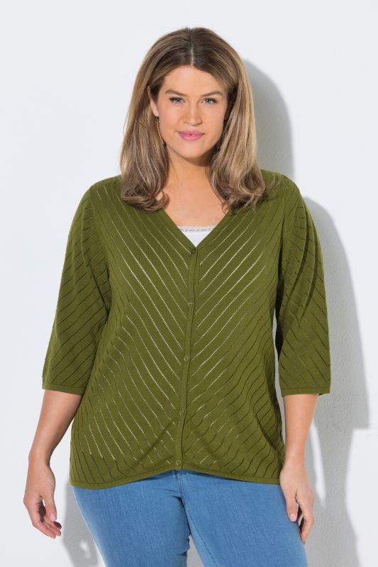 Eco Cotton Openwork Striped 3/4 Sleeve Cardigan