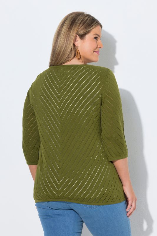 Eco Cotton Openwork Striped 3/4 Sleeve Cardigan