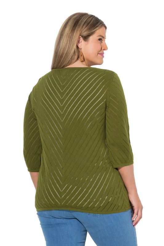 Eco Cotton Openwork Striped 3/4 Sleeve Cardigan