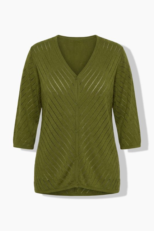 Eco Cotton Openwork Striped 3/4 Sleeve Cardigan