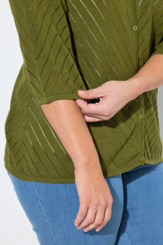 Eco Cotton Openwork Striped 3/4 Sleeve Cardigan