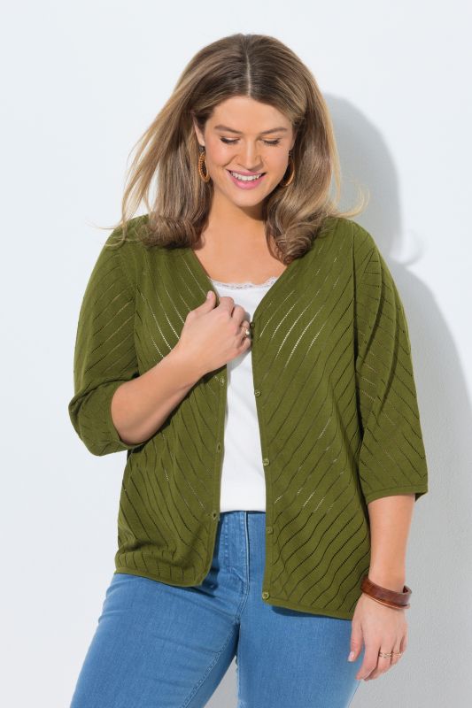 Eco Cotton Openwork Striped 3/4 Sleeve Cardigan