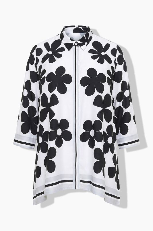 Flower Print Pointed Hem Satin Blouse
