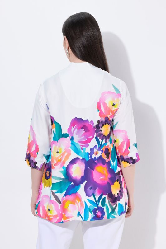 Watercolor Floral 3/4 Sleeve Satin Blouse