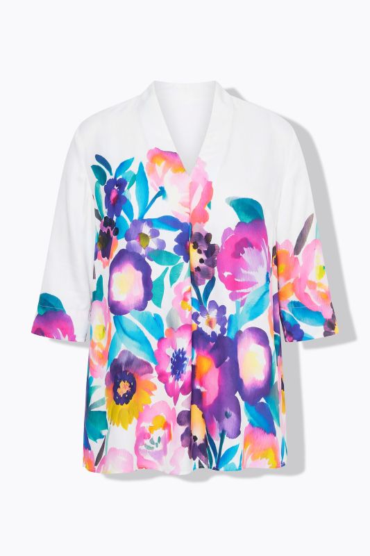 Watercolor Floral 3/4 Sleeve Satin Blouse