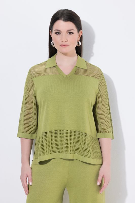 Openwork Stripe Collared 3/4 Sleeve Sweater
