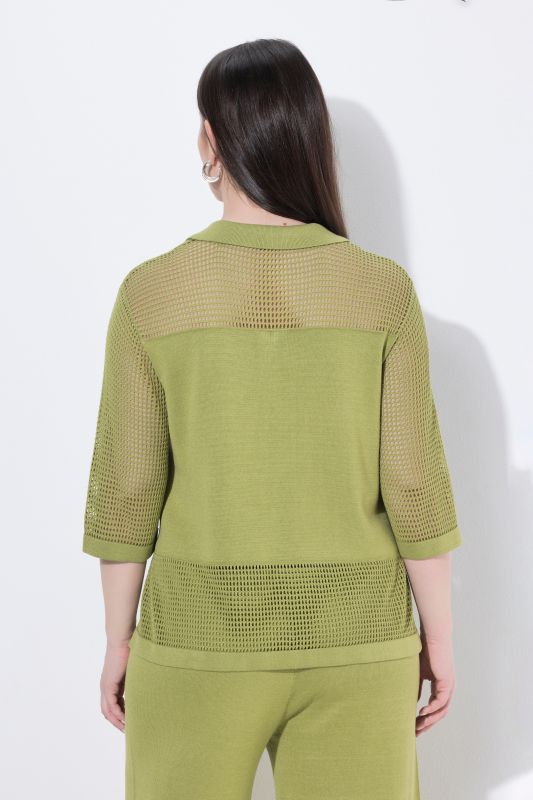 Openwork Stripe Collared 3/4 Sleeve Sweater