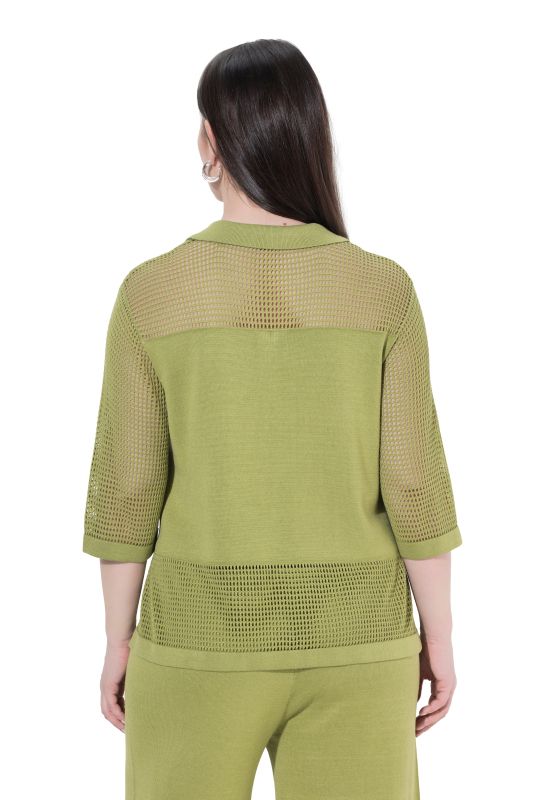 Openwork Stripe Collared 3/4 Sleeve Sweater