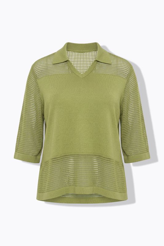Openwork Stripe Collared 3/4 Sleeve Sweater