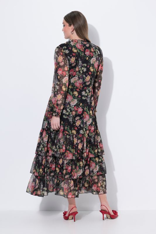 Floral Chiffon Long Sleeve Flounce Dress